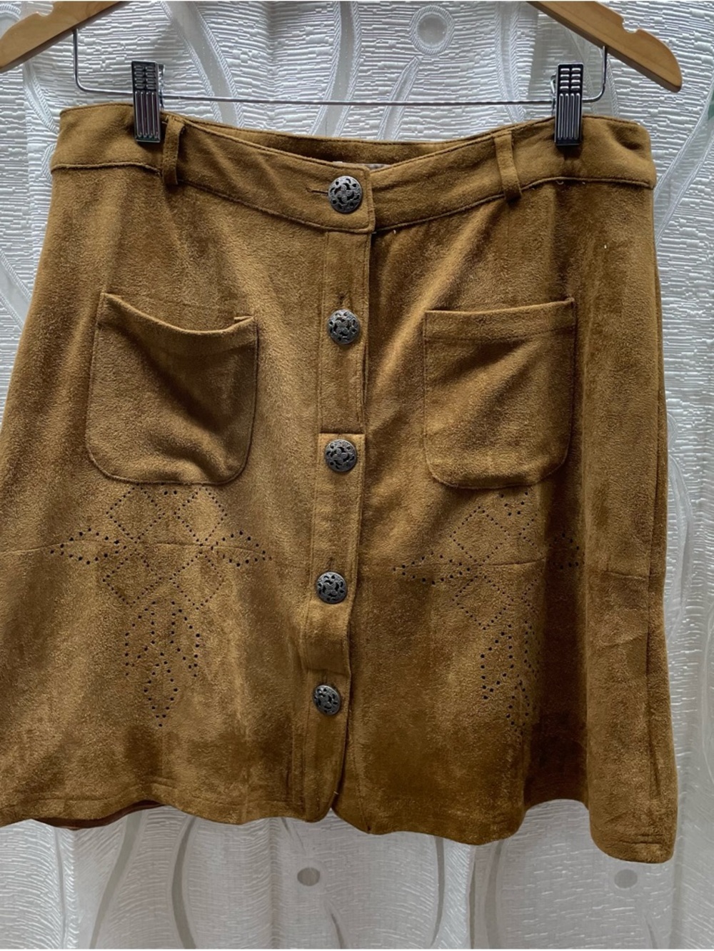 Cream Flora Skirt Womens 40 Camel Brown Excellent Faux‎ Suede Boho Button Front